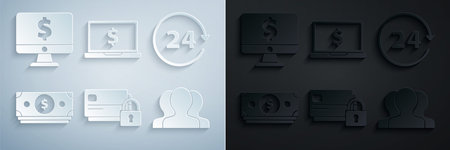 Set Credit card with lock, Clock 24 hours, Stacks paper money cash, Users group, Laptop dollar symbol and Computer monitor icon. Vectorのイラスト素材