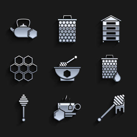 Set Honey dipper stick and bowl, Cup of tea with honey, dripping, Honeycomb, Hive for bees and Tea kettle icon. Vectorのイラスト素材
