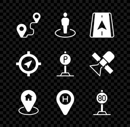 Set Route location, Location with person, City map navigation, house, Helicopter landing pad, Speed limit traffic, Compass and Parking icon. Vectorのイラスト素材