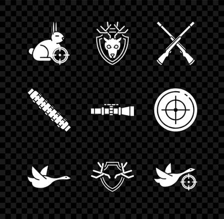 Set Hunt on rabbit with crosshairs, Deer head antlers shield, Two crossed shotguns, Flying duck, Hunting cartridge belt cartridges and Sniper optical sight icon. Vectorのイラスト素材