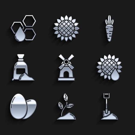Set Windmill, Sprout, Shovel the ground, Sunflower, Chicken egg, Bag of flour, Carrot and Honeycomb icon. Vectorのイラスト素材