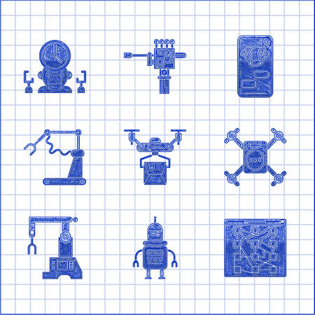 Set Drone delivery concept, Global technology or social network, flying with action camera, Assembly line, Industrial machine robotic robot arm hand factory, Bot and digital time manager icon. Vectorのイラスト素材
