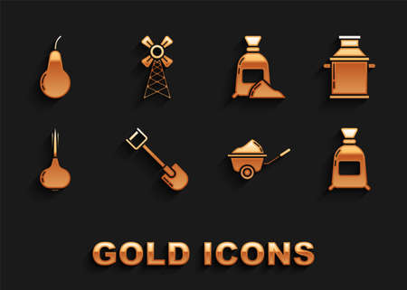 Set Shovel, Can container for milk, Bag of flour, Wheelbarrow with dirt, Onion, Pear and Windmill icon. Vectorのイラスト素材