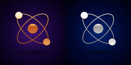 Gold and silver Atom icon isolated on black background. Symbol of science, education, nuclear physics, scientific research. Vectorのイラスト素材
