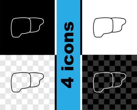 Set line Human organ liver icon isolated on black and white, transparent background. Vectorのイラスト素材