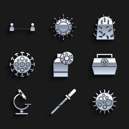 Set Bottle with virus, Pipette, Virus, First aid kit, Microscope, Rabies and Safe distance icon. Vectorのイラスト素材