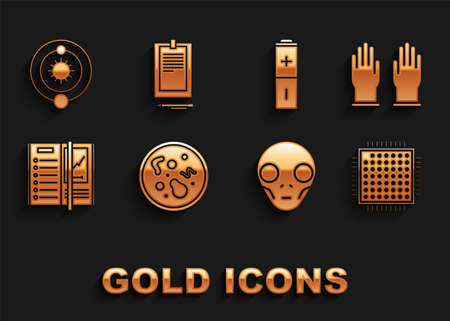 Set Bacteria, Rubber gloves, Processor, Extraterrestrial alien face, Notebook, Battery, Solar system and Clipboard with document icon. Vectorのイラスト素材