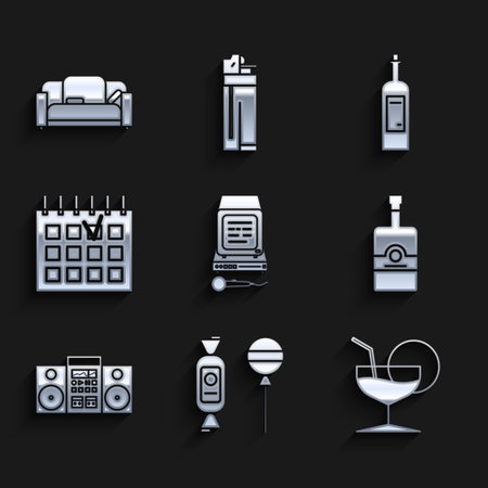 Set Karaoke, Lollipop, Martini glass, Whiskey bottle, Home stereo with two speakers, Detailed calendar, Bottle of wine and Sofa icon. Vectorのイラスト素材