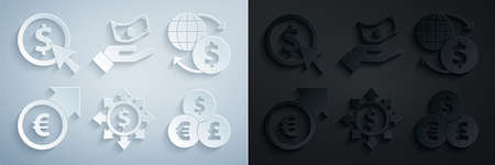 Set Dollar, share, network, Money exchange, Financial growth and euro, Currency, Hand holding money and Coin with dollar icon. Vectorのイラスト素材