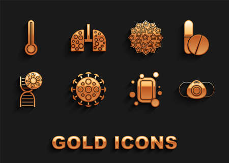 Set Virus, Medicine pill or tablet, Medical protective mask, Bar of soap, DNA symbol and virus, thermometer and cells lung icon. Vectorのイラスト素材
