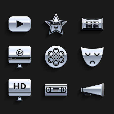 Set Film reel, VHS video cassette tape, Megaphone, Drama theatrical mask, Computer PC monitor with HD technology, Online play, Buy cinema ticket online and Play icon. Vectorのイラスト素材