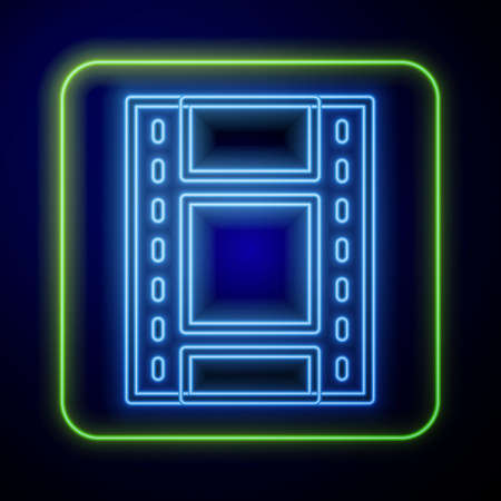 Glowing neon Play Video icon isolated on blue background. Film strip sign. Vectorのイラスト素材