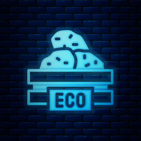 Glowing neon Wooden box for fruits and vegetables icon isolated on brick wall background. Vectorのイラスト素材