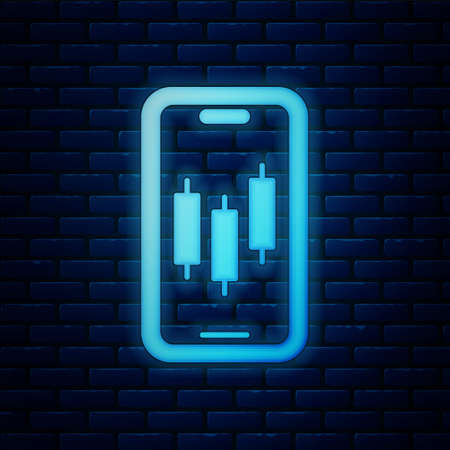 Glowing neon Mobile stock trading concept icon isolated on brick wall background. Online trading, stock market analysis, business and investment. Vectorのイラスト素材