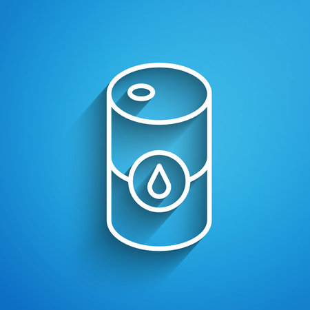 White line Barrel oil icon isolated on blue background. Long shadow. Vector