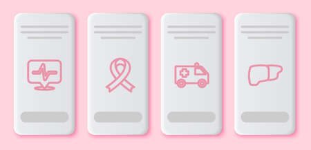 Set line Heart rate, Awareness ribbon, Ambulance car and Human organ liver. White rectangle button. Vectorのイラスト素材