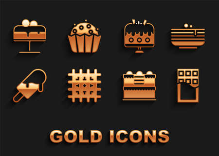 Set Cracker biscuit, Stack of pancakes, Chocolate bar, Cake, Ice cream, on plate, and Cupcake icon. Vectorのイラスト素材