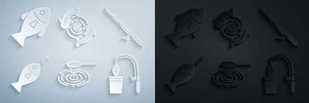 Set Fishing net in water, rod, on hook, and fish, and icon. Vectorのイラスト素材