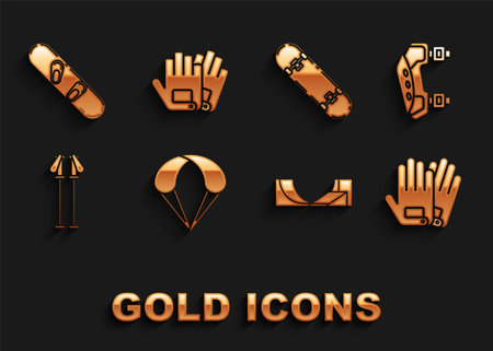 Set Parachute, Knee pads, Gloves, Skate park, Ski poles, Skateboard trick, Snowboard and icon. Vectorのイラスト素材