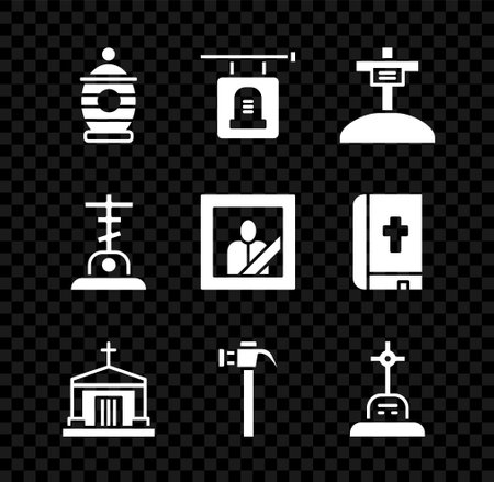 Set Funeral urn, Signboard tombstone, Grave with cross, Old crypt, Hammer, and Mourning photo frame icon. Vectorのイラスト素材