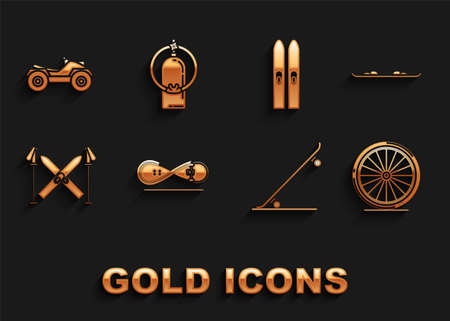 Set Skateboard trick, Snowboard, Bicycle wheel, Ski and sticks, All Terrain Vehicle or ATV motorcycle and Aqualung icon. Vectorのイラスト素材