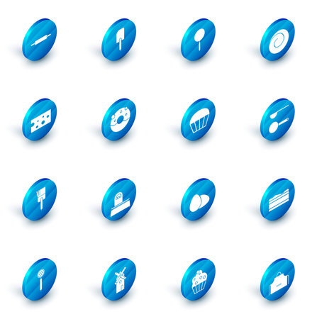 Set Spatula, Frying pan, Roll bun with cinnamon, Cheese, Kitchen brush, Donut sweet glaze, Measuring spoon and Muffin icon. Vectorのイラスト素材