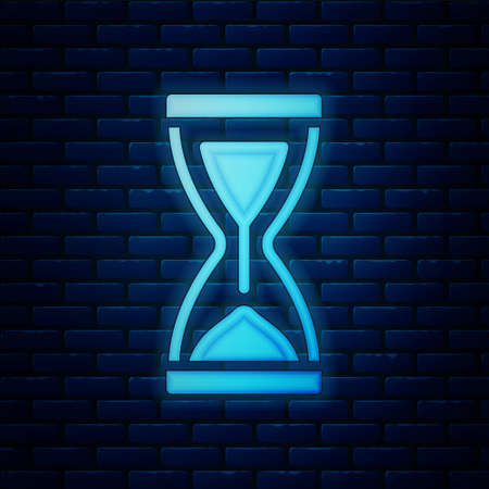 Glowing neon Old hourglass with flowing sand icon isolated on brick wall background. Sand clock sign. Business and time management concept. Vectorのイラスト素材