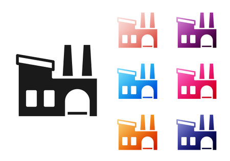 Black Factory icon isolated on white background. Industrial building. Set icons colorful. Vectorのイラスト素材