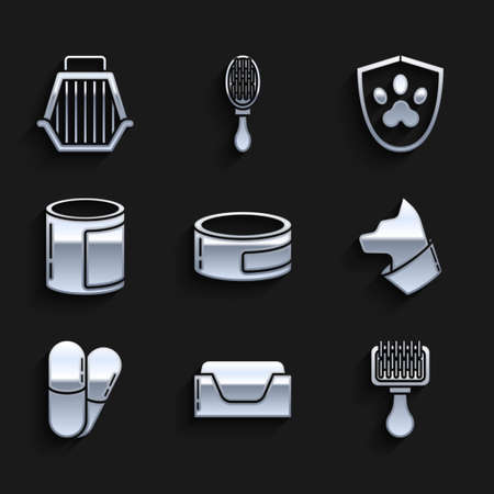 Set Canned food, Pet bed, Hair brush for dog and cat, Cat, Dog pills, Animal health insurance and carry case icon. Vectorのイラスト素材