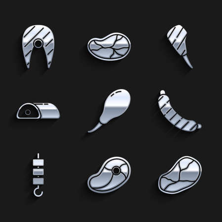 Set Chicken leg, Steak meat, Sausage, Grilled shish kebab on skewer stick, Meat, Rib eye steak and Fish icon. Vectorのイラスト素材
