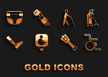 Set Disabled wheelchair, Grandmother, Wheelchair, Prosthesis leg, Blind human holding stick, Adult diaper and hand icon. Vectorのイラスト素材