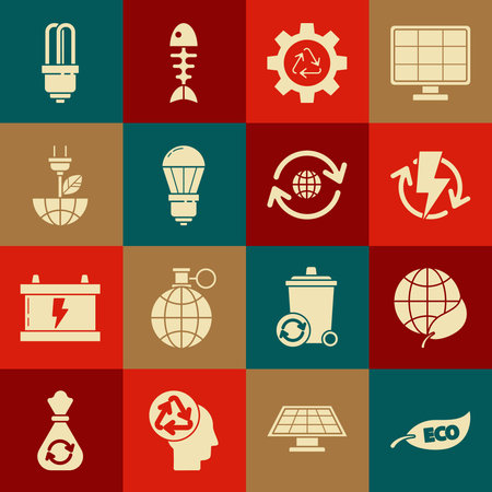 Set Leaf Eco Symbol Earth Globe And Leaf Recharging Recycle Gear Led Light Bulb Electric Saving Plug And Planet Earth Recycling Icon Vectorの イラスト素材 ストックフォト 写真素材のstock Foto ストックドットフォト