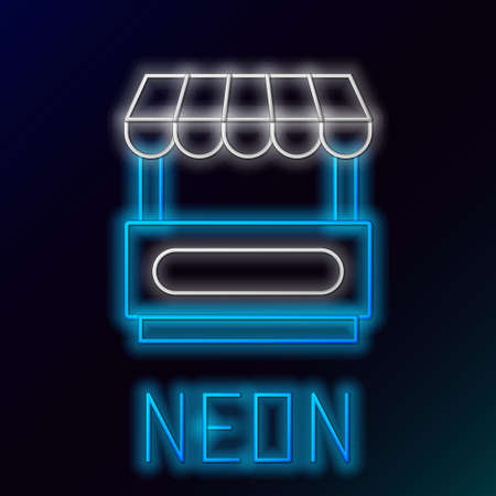 Glowing neon line Fast street food cart with awning icon isolated on black background. Urban kiosk. Colorful outline concept. Vectorのイラスト素材