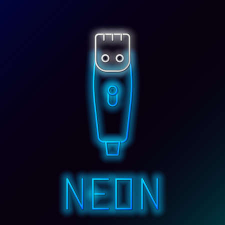 Glowing neon line Electrical hair clipper or shaver icon isolated on black background. Barbershop symbol. Colorful outline concept. Vectorのイラスト素材