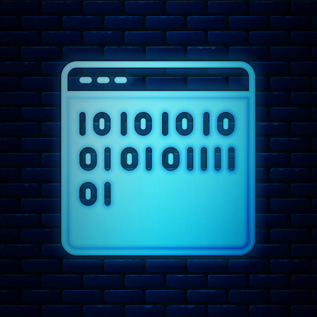 Glowing neon Binary code icon isolated on brick wall background. Vectorのイラスト素材