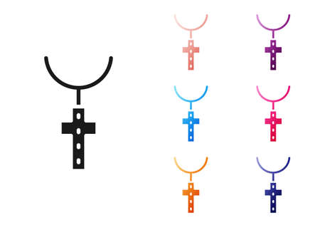 Black Christian cross on chain icon isolated on white background. Church cross. Set icons colorful. Vectorのイラスト素材
