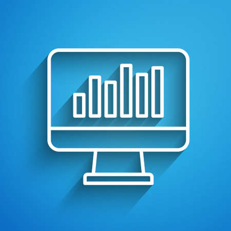 White line Computer monitor with graph chart icon isolated on blue background. Report text file icon. Accounting sign. Audit, analysis, planning. Long shadow. Vectorのイラスト素材