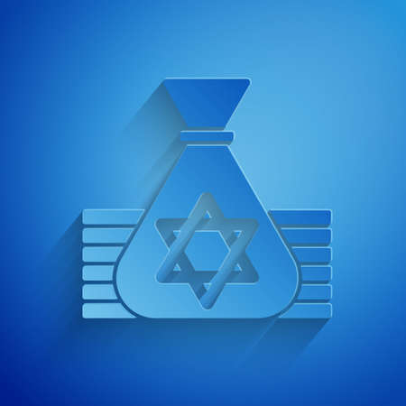 Paper cut Jewish money bag with star of david icon isolated on blue background. Currency symbol. Paper art style. Vectorのイラスト素材