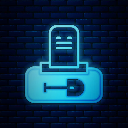 Glowing neon Grave with tombstone icon isolated on brick wall background. Vectorのイラスト素材