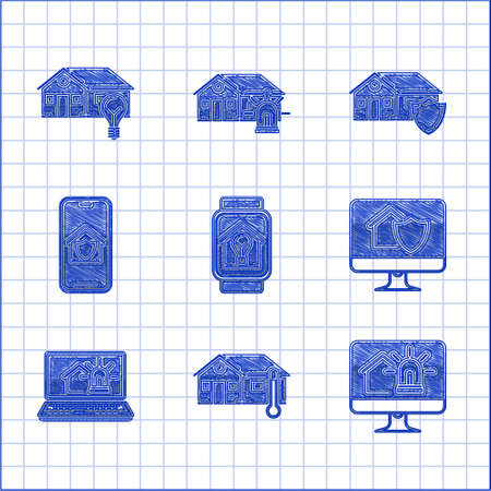 Set Smart watch with smart house and light bulb, House temperature, Computer monitor alarm, under protection, Laptop, Mobile phone, and icon. Vectorのイラスト素材