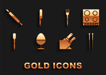 Set Chicken egg on a stand, Gas stove, Food chopsticks, Knife, Spoon, Fork, Rolling pin and icon. Vectorのイラスト素材