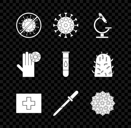 Set Stop virus, Virus, Microscope, First aid kit, Pipette, Hand with and Blood test icon. Vectorのイラスト素材