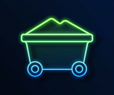 Glowing neon line Coal mine trolley icon isolated on blue background. Factory coal mine trolley. Vectorのイラスト素材