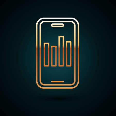 Gold line Mobile phone with graph chart icon isolated on dark blue background. Report text file. Accounting sign. Audit, analysis, planning. Vectorのイラスト素材