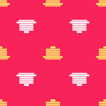 Yellow Stack of pancakes icon isolated seamless pattern on red background. Baking with syrup and cherry. Breakfast concept. Vectorのイラスト素材