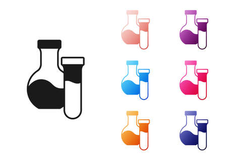 Black Test tube and flask chemical laboratory test icon isolated on white background. Laboratory glassware sign. Set icons colorful. Vectorのイラスト素材