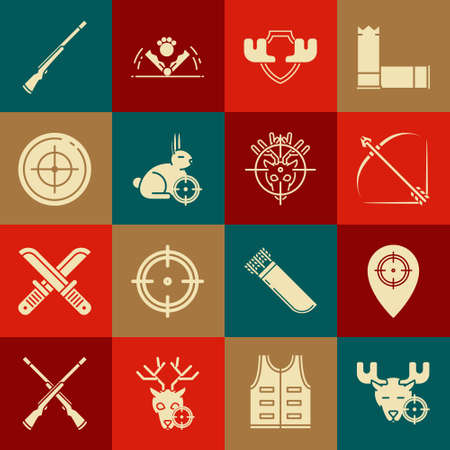 Set Hunt on moose with crosshairs, place, Bow and arrow in quiver, Moose horns shield, rabbit, Target sport for shooting competition, Hunting gun and deer icon. Vectorのイラスト素材