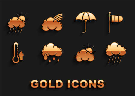 Set Cloud with rain, Cone meteorology windsock wind vane, Sun and cloud weather, Thermometer, Classic elegant opened umbrella, sun and Rainbow clouds icon. Vectorのイラスト素材