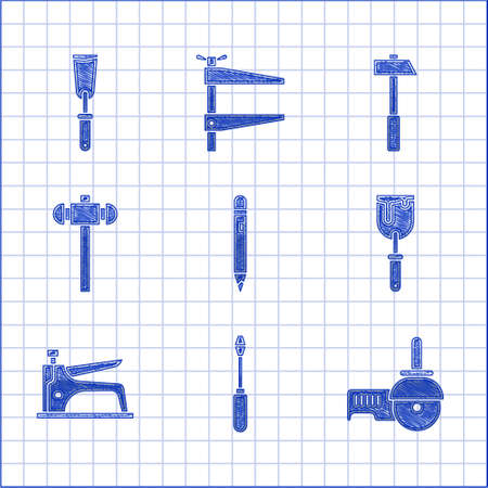 Set Pencil with eraser, Screwdriver, Angle grinder, Putty knife, Construction stapler, Sledgehammer, Hammer and icon. Vectorのイラスト素材