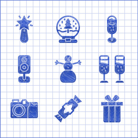 Set Christmas snowman, Candy, Gift box, Glass of champagne, Photo camera, Stereo speaker, and star icon. Vectorのイラスト素材